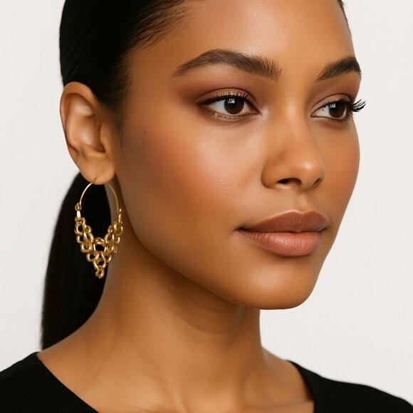 Spiral Gold Tone Boho Round Hoop Earrings – 1.75" Geometric Design - Picture 1 of 2